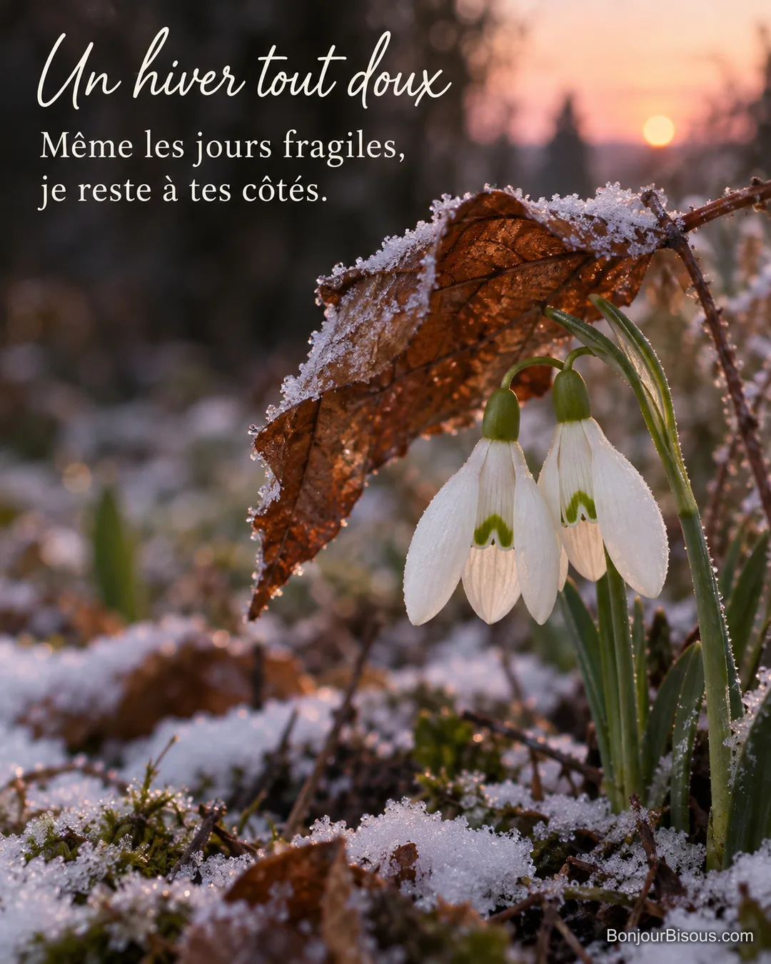 Une feuille rousse abrite deux perce-neige qui se touchent dans un jardin givré. Le message est : « Un hiver tout doux Même les jours fragiles, je reste à tes côtés. ».