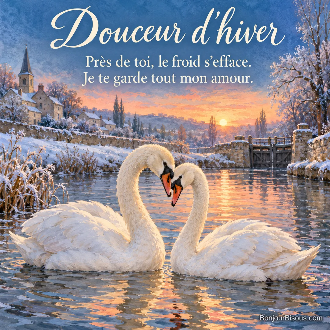 Deux cygnes adultes se rapprochent sur une eau libre entourée de fines glaces au matin d’hiver. Le message est : « Douceur d’hiver Près de toi, le froid s’efface. Je te garde tout mon amour. ». Deux cygnes adultes se rapprochent sur une eau libre entourée de fines glaces au matin d’hiver. Le message est : « Douceur d’hiver Près de toi, le froid s’efface. Je te garde tout mon amour. ».