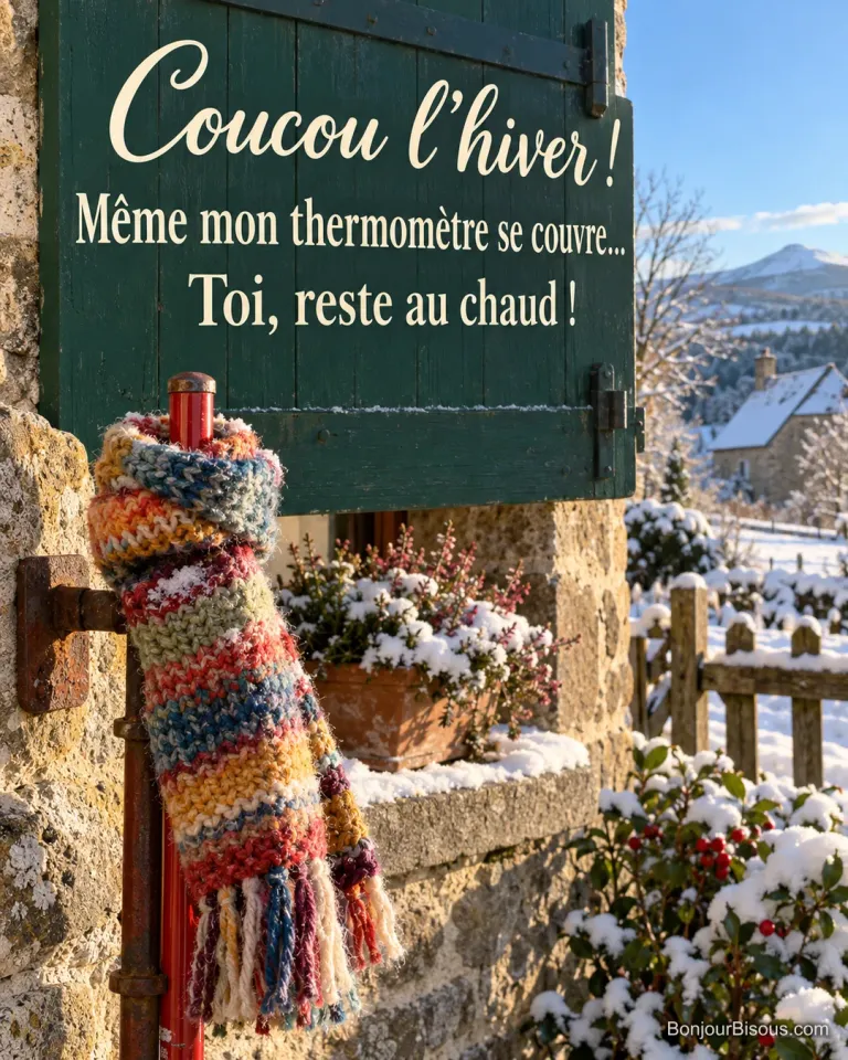 Un thermomètre extérieur est emmitouflé dans un petit cache-nez multicolore devant une cour enneigée. Le message est : « Coucou l’hiver ! Même mon thermomètre se couvre… Toi, reste au chaud ! ».