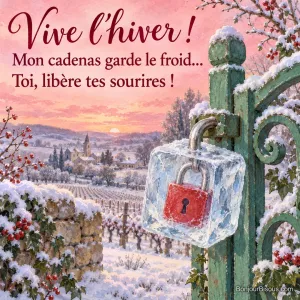 Un cadenas rouge est prisonnier d’un gros glaçon transparent sur un portillon enneigé. Le message est : « Vive l’hiver ! Mon cadenas garde le froid… Toi, libère tes sourires ! ».