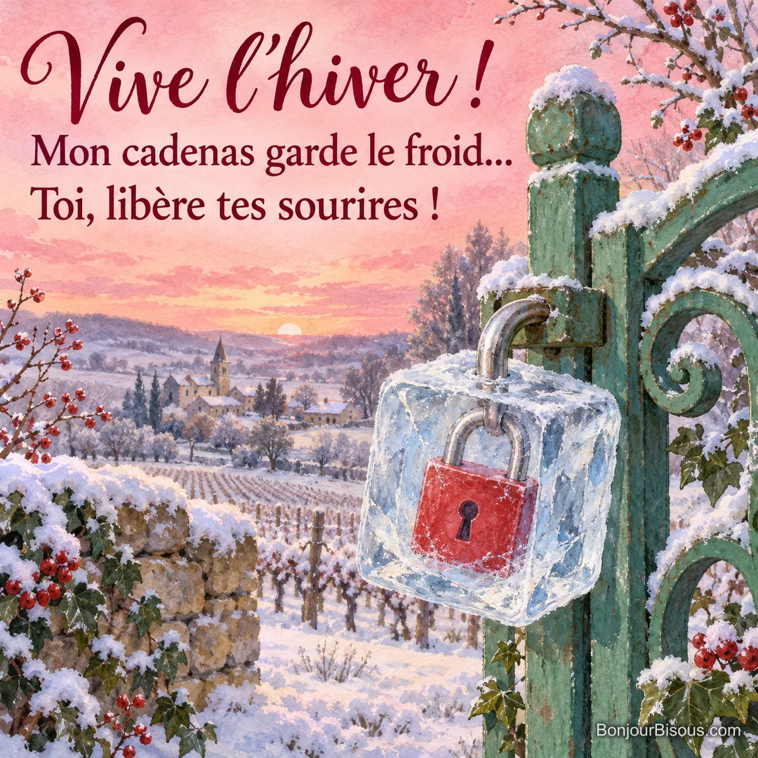 Un cadenas rouge est prisonnier d’un gros glaçon transparent sur un portillon enneigé. Le message est : « Vive l’hiver ! Mon cadenas garde le froid… Toi, libère tes sourires ! ». Un cadenas rouge est prisonnier d’un gros glaçon transparent sur un portillon enneigé. Le message est : « Vive l’hiver ! Mon cadenas garde le froid… Toi, libère tes sourires ! ».