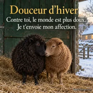 Deux moutons d’Ouessant, noir et brun, se blottissent museau contre museau sous un abri enneigé. Le message est : « Douceur d’hiver Contre toi, le monde est plus doux. Je t’envoie mon affection. ».
