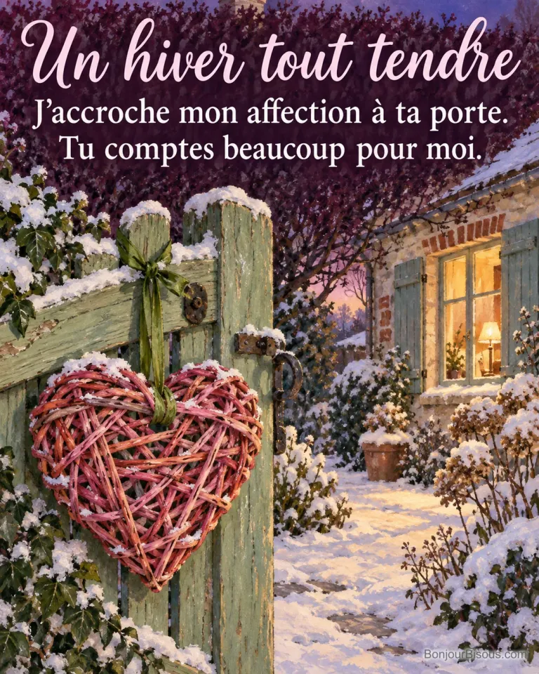 Un cœur tressé en osier corail apporte une attention chaleureuse à un portillon de jardin sous la neige. Le message est : « Un hiver tout tendre J’accroche mon affection à ta porte. Tu comptes beaucoup pour moi. ».