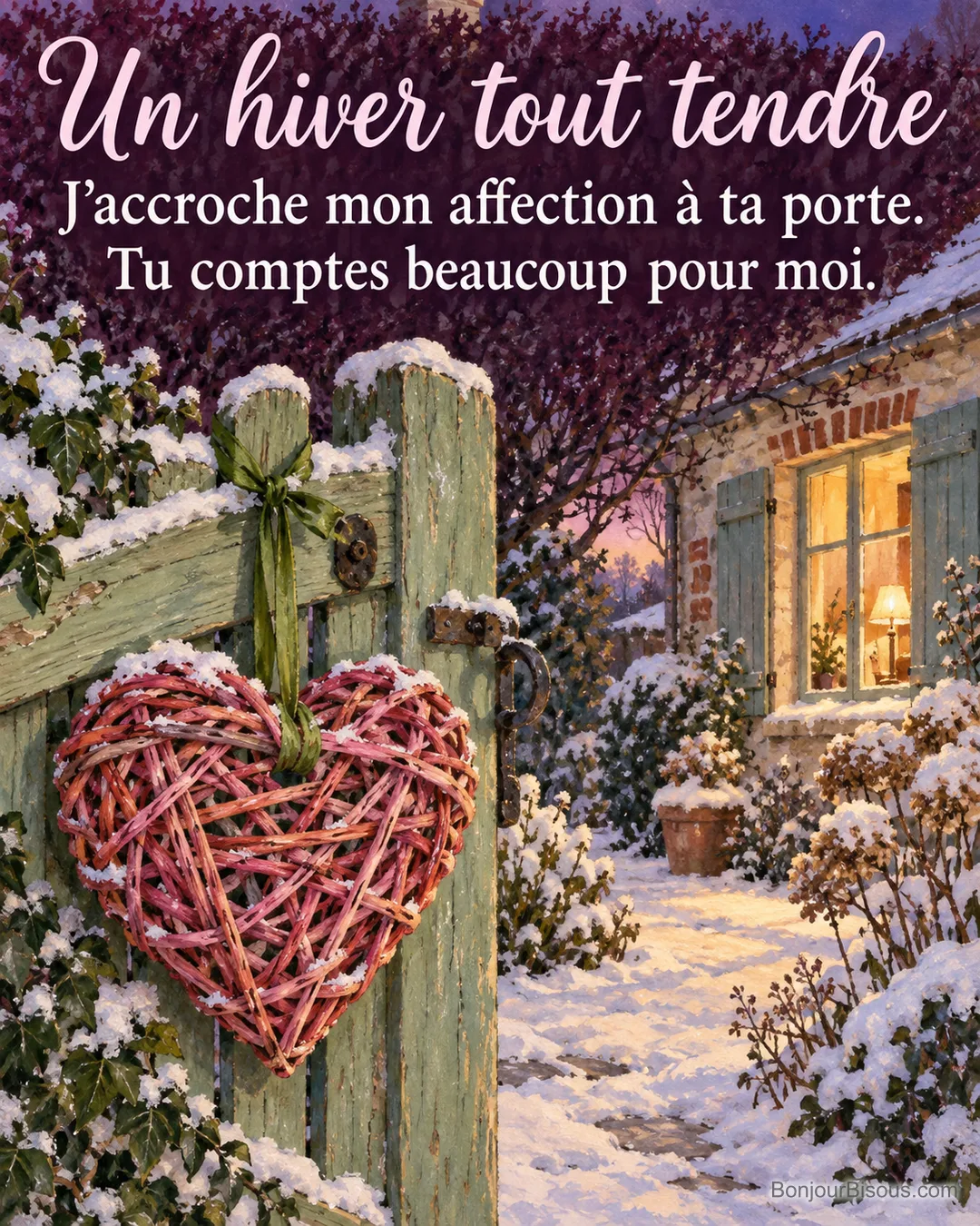 Un cœur tressé en osier corail apporte une attention chaleureuse à un portillon de jardin sous la neige. Le message est : « Un hiver tout tendre J’accroche mon affection à ta porte. Tu comptes beaucoup pour moi. ».