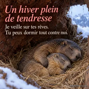 Deux marmottes de tailles et de pelages différents dorment blotties dans leur terrier, à l’abri de la neige. Le message est : « Un hiver plein de tendresse Je veille sur tes rêves. Tu peux dormir tout contre moi. ».