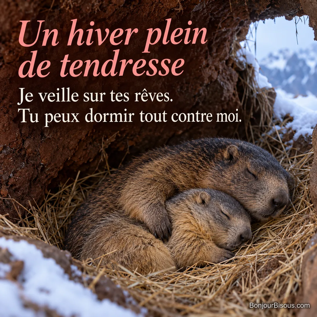 Deux marmottes de tailles et de pelages différents dorment blotties dans leur terrier, à l’abri de la neige. Le message est : « Un hiver plein de tendresse Je veille sur tes rêves. Tu peux dormir tout contre moi. ».