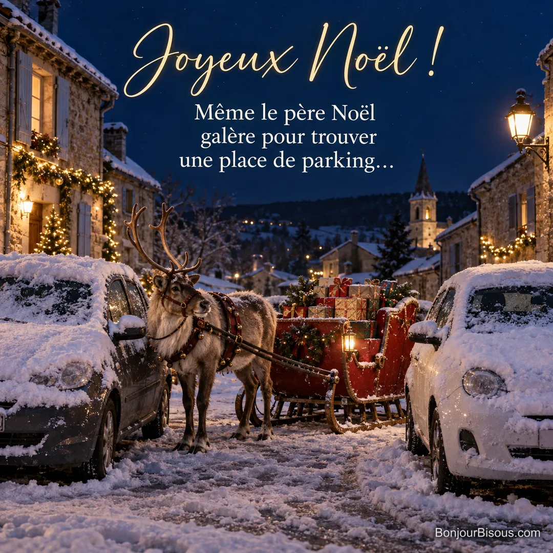 Photo d’un renne attelé à un traîneau rouge rempli de cadeaux, garé entre deux voitures couvertes de neige dans une rue de village illuminée, avec le texte « Joyeux Noël ! Même le père Noël galère pour trouver une place de parking… » Photo d’un renne attelé à un traîneau rouge rempli de cadeaux, garé entre deux voitures couvertes de neige dans une rue de village illuminée, avec le texte « Joyeux Noël ! Même le père Noël galère pour trouver une place de parking… »