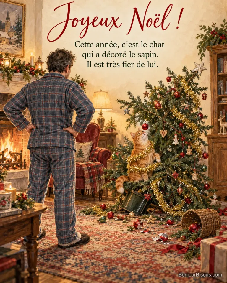 Peinture d’un chat roux emmêlé dans une guirlande dorée au milieu d’un sapin de Noël qui penche, boules par terre, un homme en pyjama vu de dos les mains sur les hanches, avec le texte « Joyeux Noël ! Cette année, c’est le chat qui a décoré le sapin. Il est très fier de lui. »