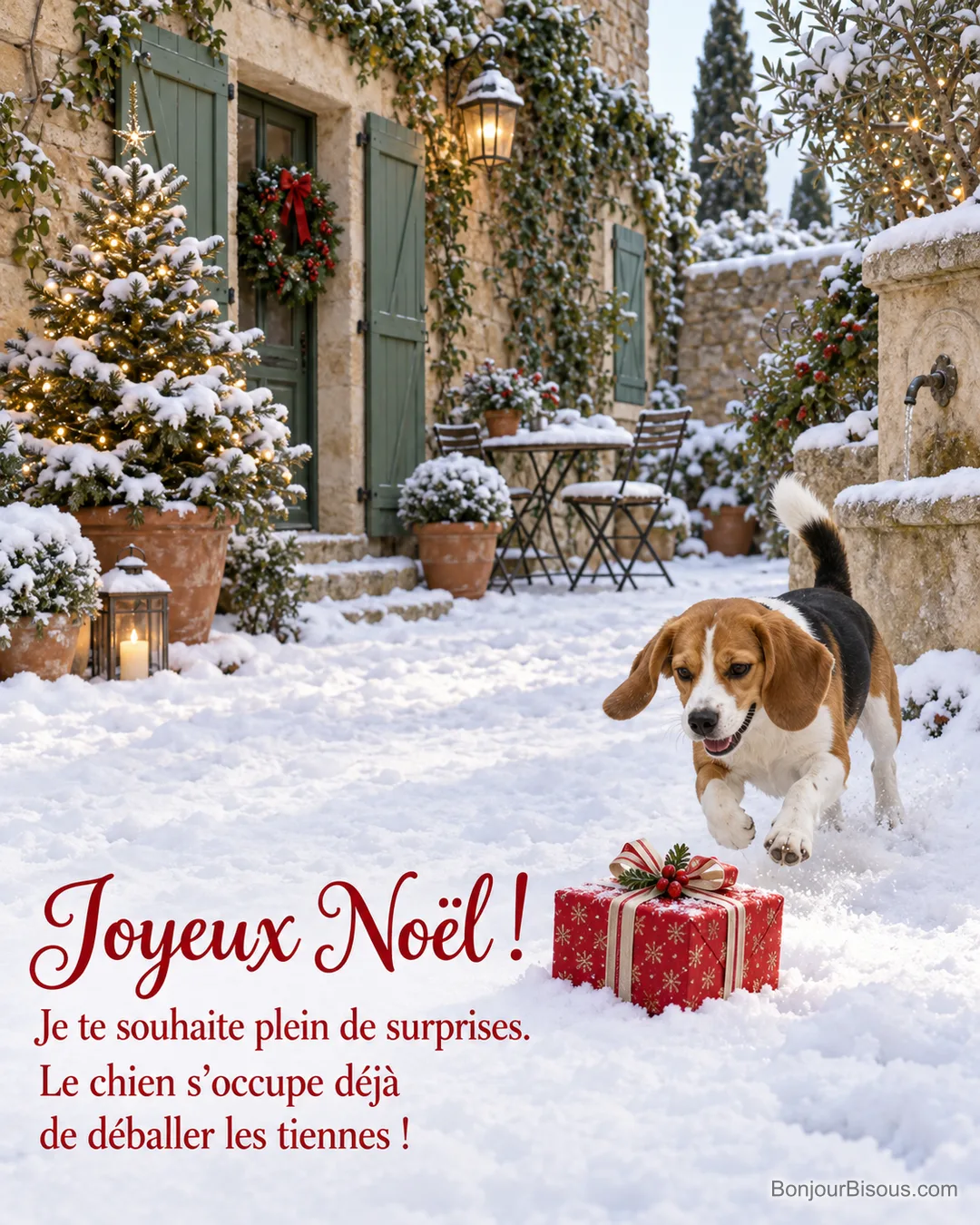 Un beagle bondit vers un cadeau rouge dans une cour de village enneigée aux volets verts, avec le texte « Joyeux Noël ! Je te souhaite plein de surprises. Le chien s’occupe déjà de déballer les tiennes ! ». Un beagle bondit vers un cadeau rouge dans une cour de village enneigée aux volets verts, avec le texte « Joyeux Noël ! Je te souhaite plein de surprises. Le chien s’occupe déjà de déballer les tiennes ! ».