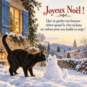 Un chat noir renifle un petit chat de neige près d’une haie illuminée dans un jardin hivernal, avec le texte « Joyeux Noël ! Que tu gardes ton humour même quand le chat réclame un cadeau pour son double en neige ! ».