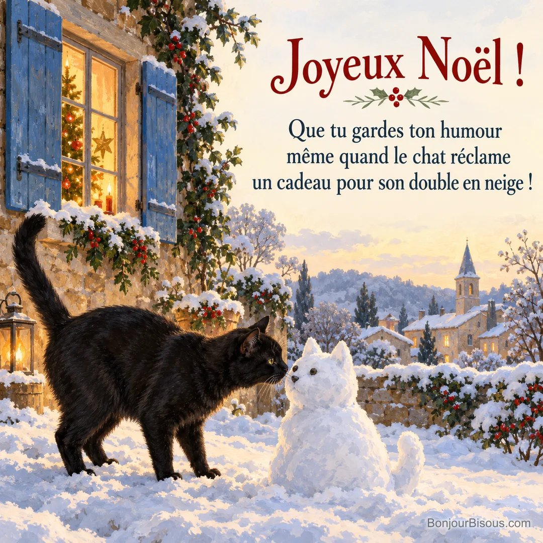 Un chat noir renifle un petit chat de neige près d’une haie illuminée dans un jardin hivernal, avec le texte « Joyeux Noël ! Que tu gardes ton humour même quand le chat réclame un cadeau pour son double en neige ! ». Un chat noir renifle un petit chat de neige près d’une haie illuminée dans un jardin hivernal, avec le texte « Joyeux Noël ! Que tu gardes ton humour même quand le chat réclame un cadeau pour son double en neige ! ».