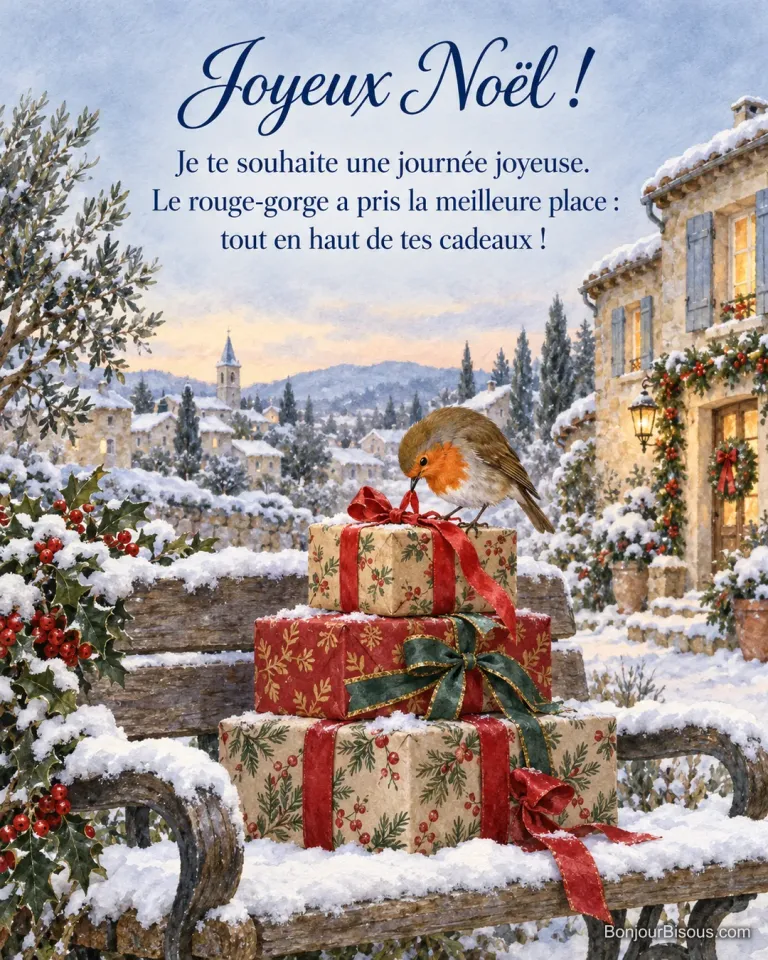 Un rouge-gorge trône sur trois paquets colorés posés sur un banc enneigé, avec le texte « Joyeux Noël ! Je te souhaite une journée joyeuse. Le rouge-gorge a pris la meilleure place : tout en haut de tes cadeaux ! ».