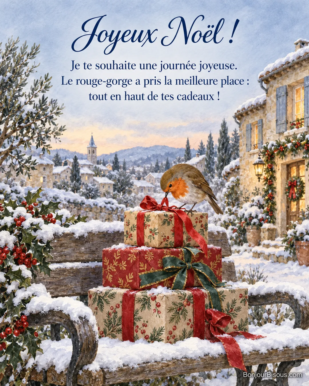 Un rouge-gorge trône sur trois paquets colorés posés sur un banc enneigé, avec le texte « Joyeux Noël ! Je te souhaite une journée joyeuse. Le rouge-gorge a pris la meilleure place : tout en haut de tes cadeaux ! ». Un rouge-gorge trône sur trois paquets colorés posés sur un banc enneigé, avec le texte « Joyeux Noël ! Je te souhaite une journée joyeuse. Le rouge-gorge a pris la meilleure place : tout en haut de tes cadeaux ! ».