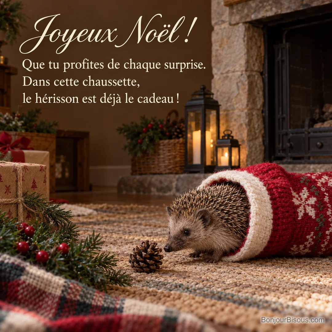 Un petit hérisson s’est blotti dans une chaussette de Noël posée au pied d’une cheminée, avec le texte « Joyeux Noël ! Que tu profites de chaque surprise. Dans cette chaussette, le hérisson est déjà le cadeau ! ». Un petit hérisson s’est blotti dans une chaussette de Noël posée au pied d’une cheminée, avec le texte « Joyeux Noël ! Que tu profites de chaque surprise. Dans cette chaussette, le hérisson est déjà le cadeau ! ».