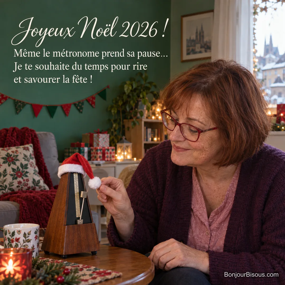 Une femme soulève le pompon d’un bonnet de Noël qui bloque le pendule de son métronome, avec le texte « Joyeux Noël 2026 ! Même le métronome prend sa pause… Je te souhaite du temps pour rire et savourer la fête ! ». Une femme soulève le pompon d’un bonnet de Noël qui bloque le pendule de son métronome, avec le texte « Joyeux Noël 2026 ! Même le métronome prend sa pause… Je te souhaite du temps pour rire et savourer la fête ! ».