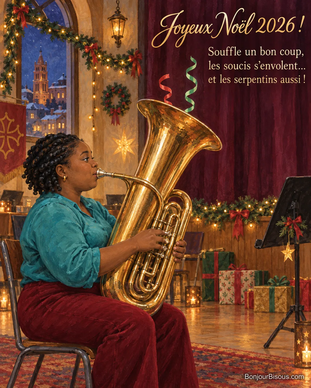 Une musicienne fait voler deux serpentins légers du pavillon de son tuba pendant la fête de Noël, avec le texte « Joyeux Noël 2026 ! Souffle un bon coup, les soucis s’envolent… et les serpentins aussi ! ». Une musicienne fait voler deux serpentins légers du pavillon de son tuba pendant la fête de Noël, avec le texte « Joyeux Noël 2026 ! Souffle un bon coup, les soucis s’envolent… et les serpentins aussi ! ».