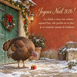 Une dinde brune découvre un minuscule paquet rouge dans une cour de ferme décorée pour Noël, avec le texte « Joyeux Noël 2026 ! La dinde a reçu son cadeau : aujourd’hui, elle profite de la fête ! Je te souhaite autant de bonheur. ».