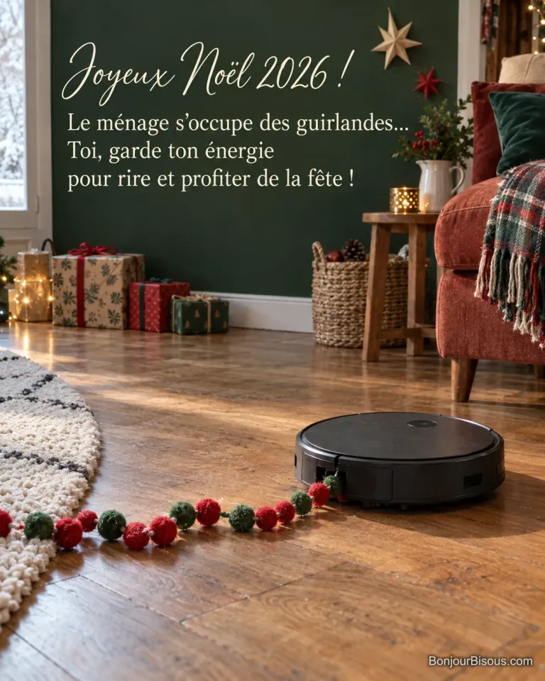 Un aspirateur robot entraîne une guirlande de pompons dans un séjour décoré pour Noël, avec le texte « Joyeux Noël 2026 ! Le ménage s’occupe des guirlandes… Toi, garde ton énergie pour rire et profiter de la fête ! ».