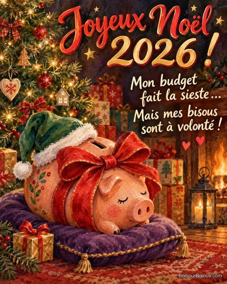 Une tirelire cochon se repose sur un coussin près d’un minuscule cadeau de Noël, avec le texte « Joyeux Noël 2026 ! Mon budget fait la sieste… Mais mes bisous sont à volonté ! ».