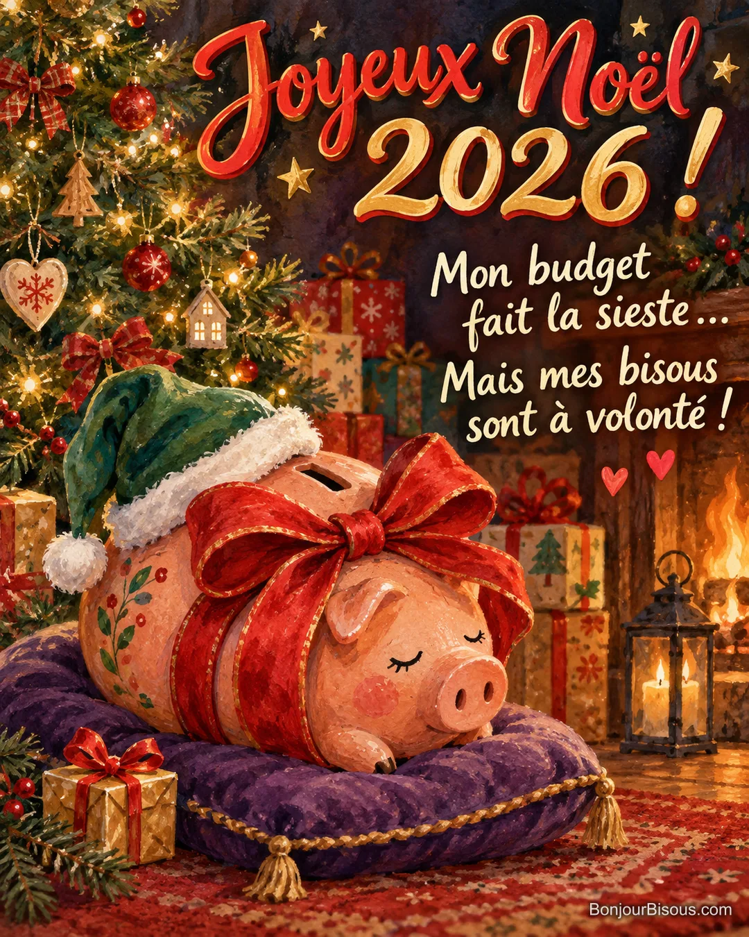 Une tirelire cochon se repose sur un coussin près d’un minuscule cadeau de Noël, avec le texte « Joyeux Noël 2026 ! Mon budget fait la sieste… Mais mes bisous sont à volonté ! ». Une tirelire cochon se repose sur un coussin près d’un minuscule cadeau de Noël, avec le texte « Joyeux Noël 2026 ! Mon budget fait la sieste… Mais mes bisous sont à volonté ! ».