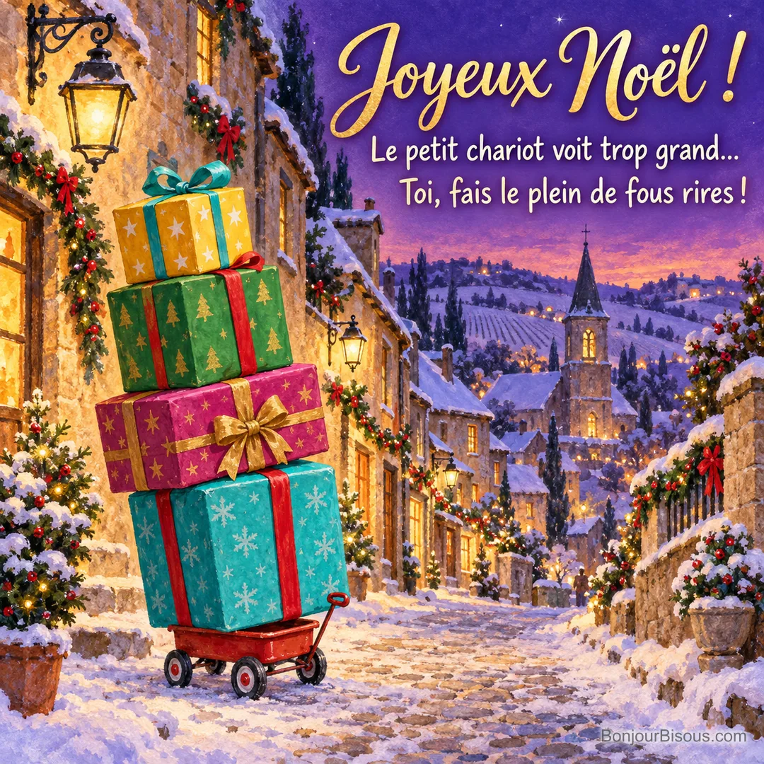 Un minuscule chariot rouge essaie de transporter quatre cadeaux beaucoup trop grands dans une rue de Noël. Le message est : « Joyeux Noël ! Le petit chariot voit trop grand… Toi, fais le plein de fous rires ! ». Un minuscule chariot rouge essaie de transporter quatre cadeaux beaucoup trop grands dans une rue de Noël. Le message est : « Joyeux Noël ! Le petit chariot voit trop grand… Toi, fais le plein de fous rires ! ».