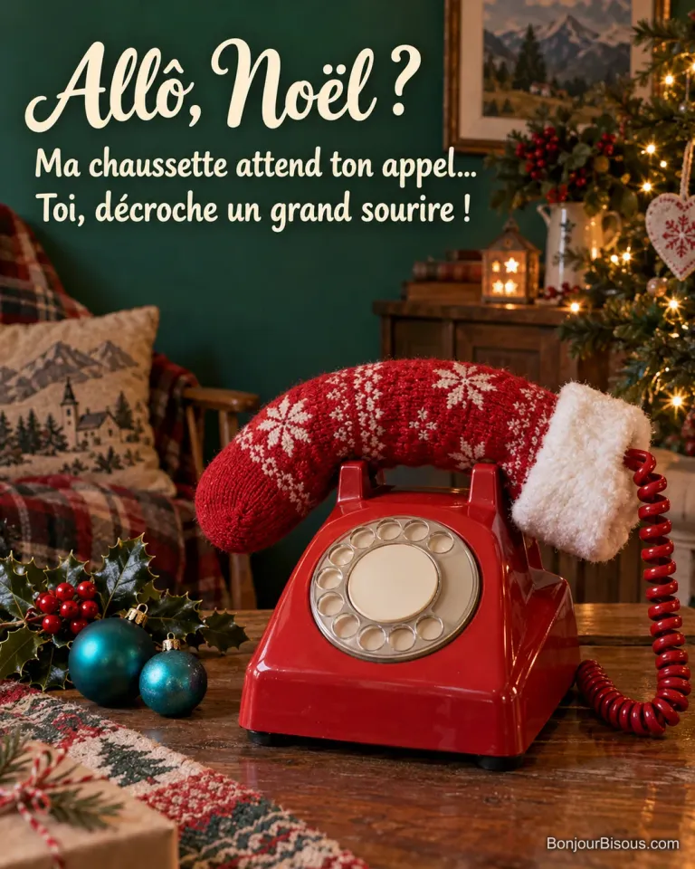 Une chaussette de Noël rouge remplace malicieusement le combiné d’un téléphone ancien au cadran vierge. Le message est : « Allô, Noël ? Ma chaussette attend ton appel… Toi, décroche un grand sourire ! ».