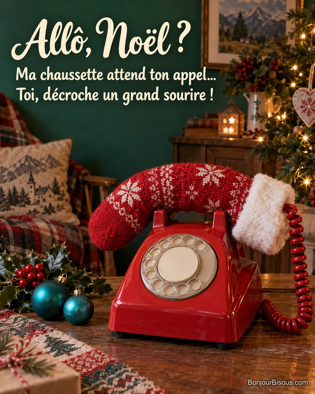 Une chaussette de Noël rouge remplace malicieusement le combiné d’un téléphone ancien au cadran vierge. Le message est : « Allô, Noël ? Ma chaussette attend ton appel… Toi, décroche un grand sourire ! ».
