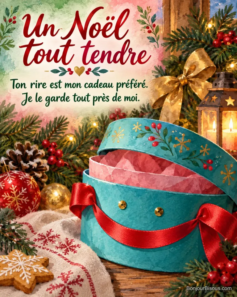 Un ruban de satin dessine un tendre sourire sur une boîte cadeau turquoise, clin d’œil aux rires qu’on aime partager à Noël. Le message est : « Un Noël tout tendre Ton rire est mon cadeau préféré. Je le garde tout près de moi. ».