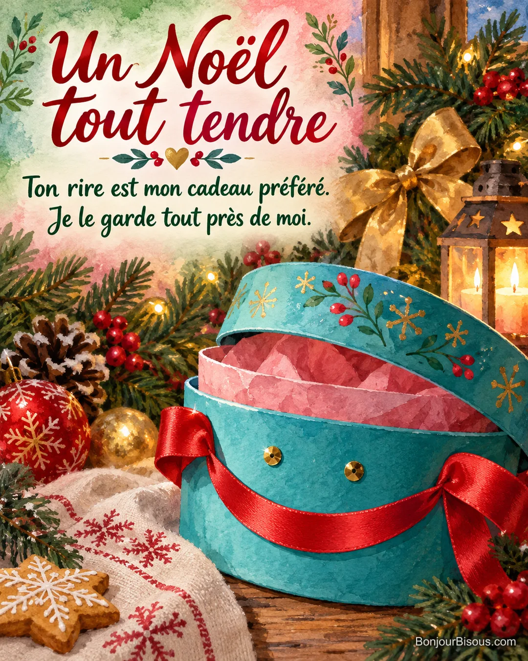 Un ruban de satin dessine un tendre sourire sur une boîte cadeau turquoise, clin d’œil aux rires qu’on aime partager à Noël. Le message est : « Un Noël tout tendre Ton rire est mon cadeau préféré. Je le garde tout près de moi. ».