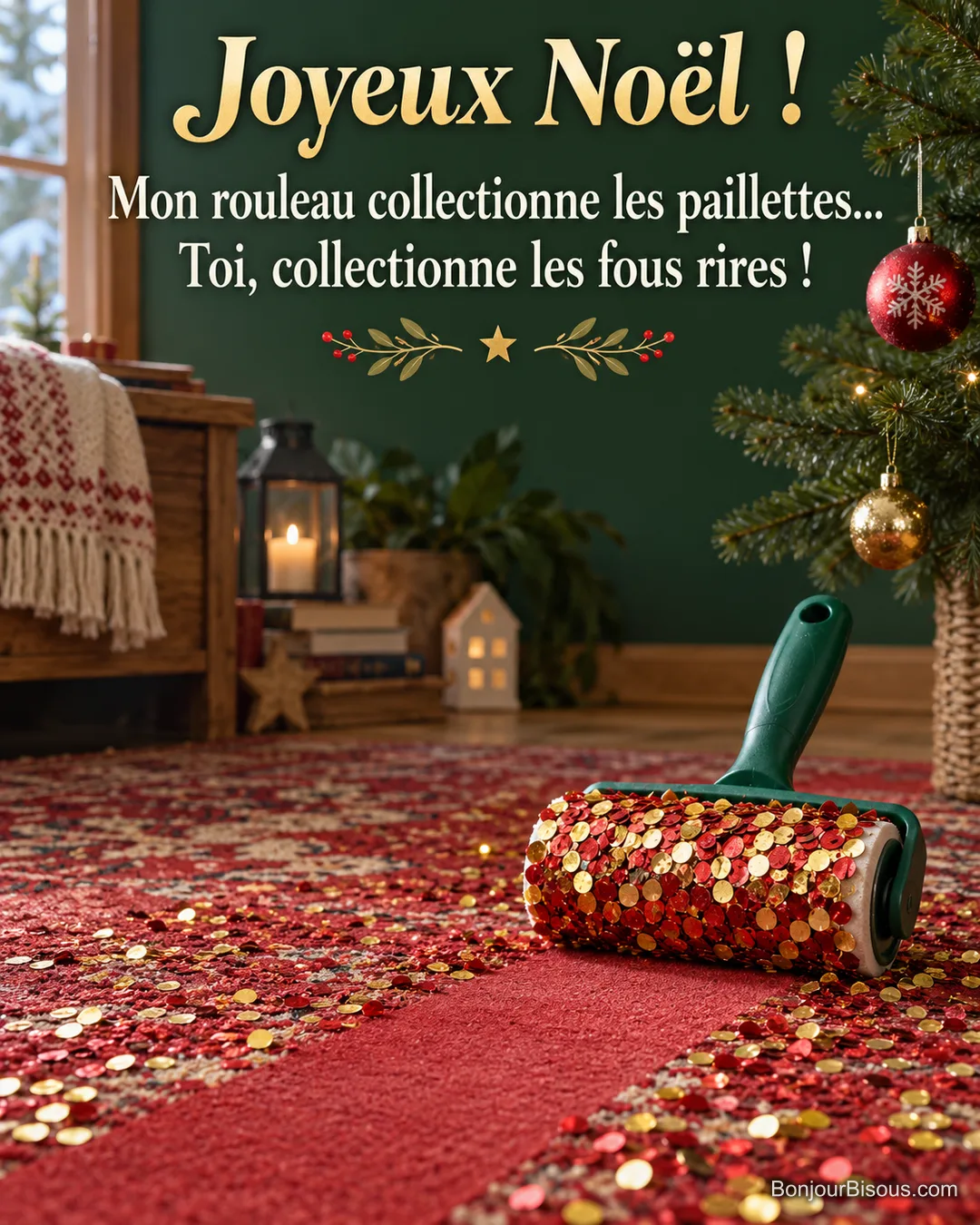 Un rouleau adhésif anti-peluches est devenu doré après avoir ramassé des confettis de Noël. Le message est : « Joyeux Noël ! Mon rouleau collectionne les paillettes… Toi, collectionne les fous rires ! ». Un rouleau adhésif anti-peluches est devenu doré après avoir ramassé des confettis de Noël. Le message est : « Joyeux Noël ! Mon rouleau collectionne les paillettes… Toi, collectionne les fous rires ! ».