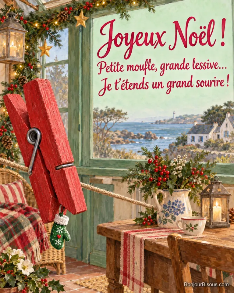 Une énorme pince à linge rouge tient une minuscule moufle verte dans un décor de Noël. Le message est : « Joyeux Noël ! Petite moufle, grande lessive… Je t’étends un grand sourire ! ».