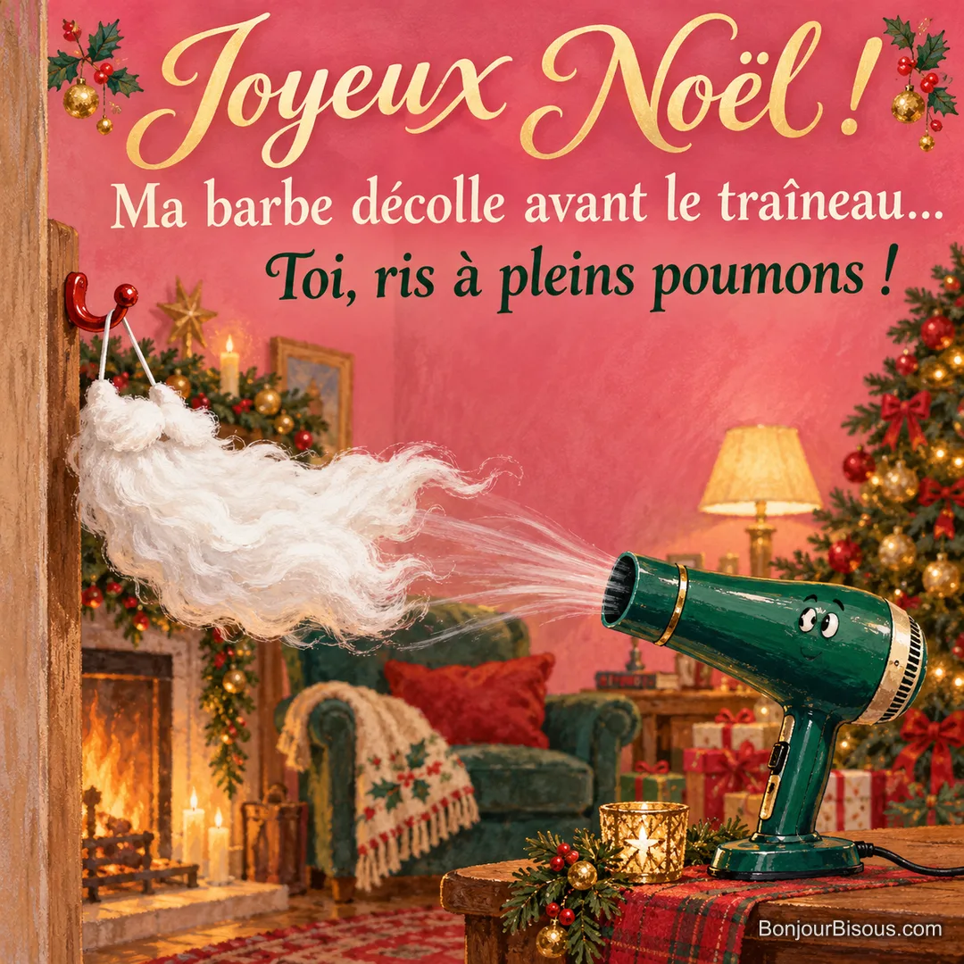Un sèche-cheveux souffle sur une barbe de déguisement de Père Noël qui se soulève joyeusement. Le message est : « Joyeux Noël ! Ma barbe décolle avant le traîneau… Toi, ris à pleins poumons ! ». Un sèche-cheveux souffle sur une barbe de déguisement de Père Noël qui se soulève joyeusement. Le message est : « Joyeux Noël ! Ma barbe décolle avant le traîneau… Toi, ris à pleins poumons ! ».