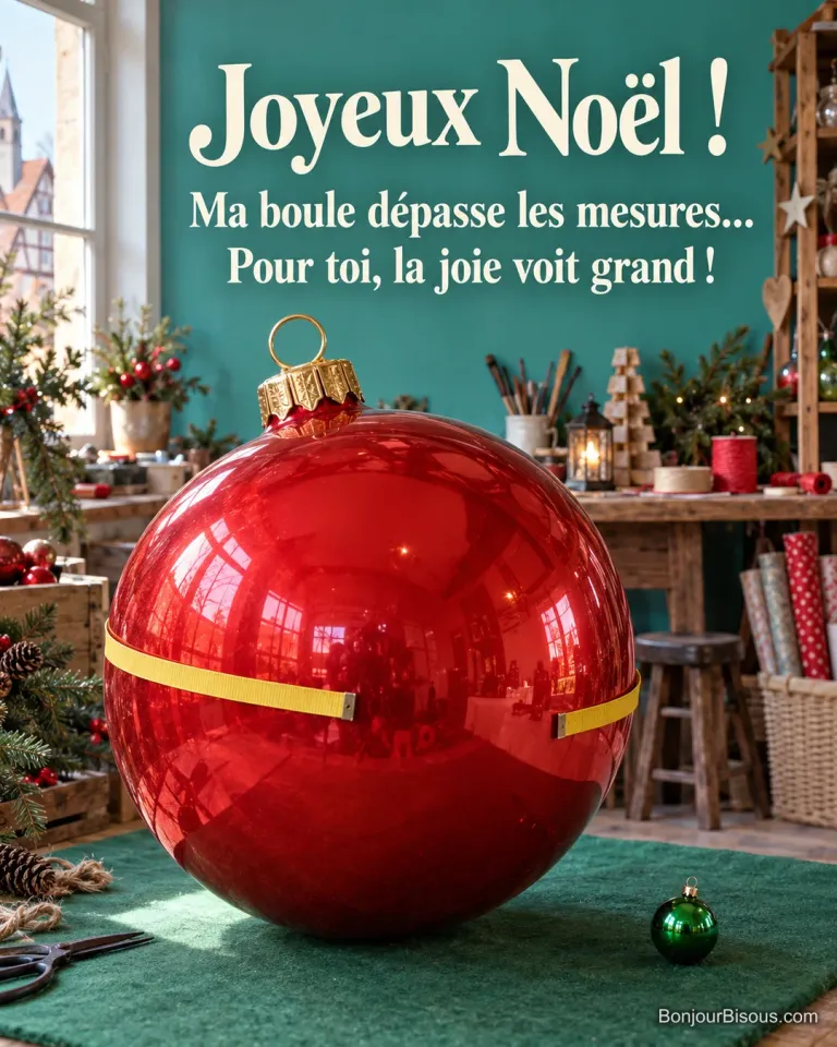 Un mètre ruban jaune peine à entourer une boule de Noël rouge démesurée. Le message est : « Joyeux Noël ! Ma boule dépasse les mesures… Pour toi, la joie voit grand ! ».
