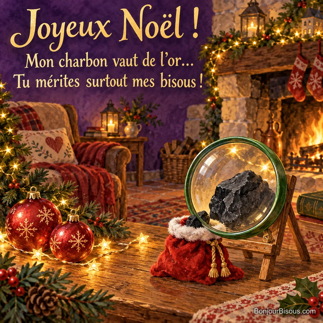 Une loupe grossit un minuscule morceau de charbon dans un petit sac rouge de Noël. Le message est : « Joyeux Noël ! Mon charbon vaut de l’or… Tu mérites surtout mes bisous ! ». Une loupe grossit un minuscule morceau de charbon dans un petit sac rouge de Noël. Le message est : « Joyeux Noël ! Mon charbon vaut de l’or… Tu mérites surtout mes bisous ! ».