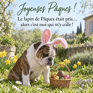Photo d’un bouledogue anglais avec un serre-tête à oreilles de lapin roses, assis dans un jardin fleuri devant un panier d’œufs en chocolat, avec le texte « Joyeuses Pâques ! Le lapin de Pâques était pris… alors c’est moi qui m’y colle ! »