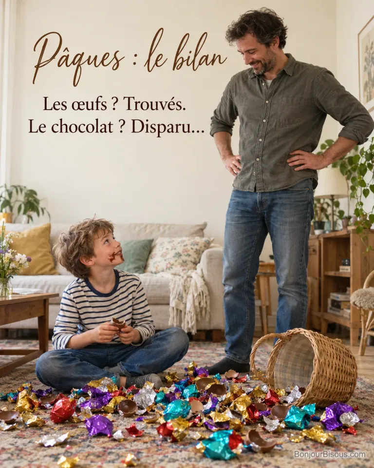 Photo d’un garçon assis sur le tapis du salon, du chocolat autour de la bouche, entouré de papiers d’aluminium colorés et d’un panier renversé, son père debout le regarde en souriant, avec le texte « Pâques : le bilan – Les œufs ? Trouvés. Le chocolat ? Disparu… »