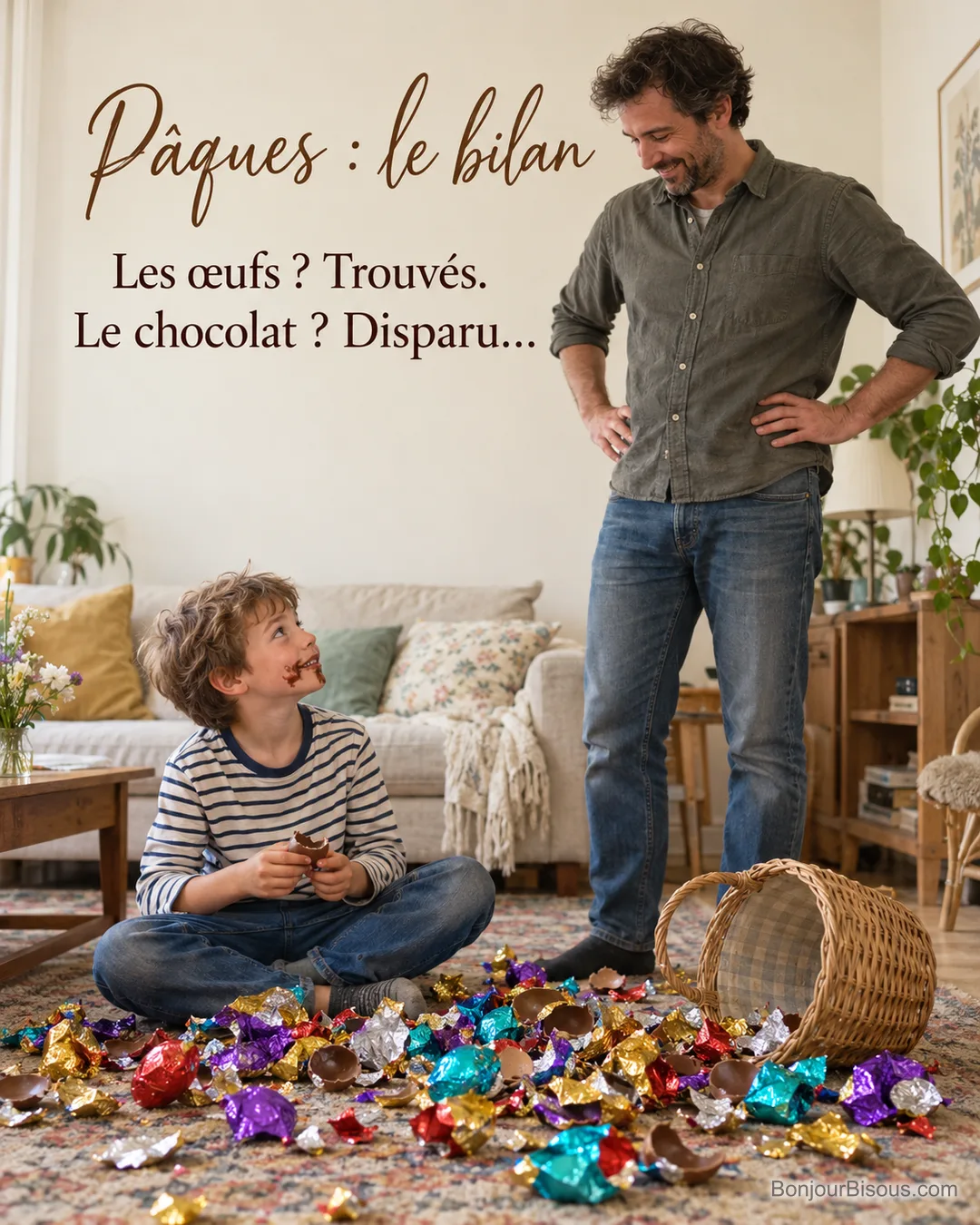 Photo d’un garçon assis sur le tapis du salon, du chocolat autour de la bouche, entouré de papiers d’aluminium colorés et d’un panier renversé, son père debout le regarde en souriant, avec le texte « Pâques : le bilan – Les œufs ? Trouvés. Le chocolat ? Disparu… » Photo d’un garçon assis sur le tapis du salon, du chocolat autour de la bouche, entouré de papiers d’aluminium colorés et d’un panier renversé, son père debout le regarde en souriant, avec le texte « Pâques : le bilan – Les œufs ? Trouvés. Le chocolat ? Disparu… »