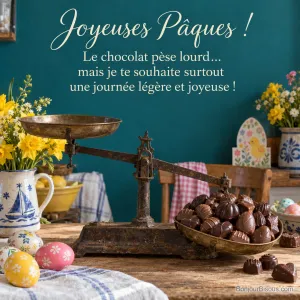 Une balance ancienne penche sous une montagne de chocolats, entre des fleurs et des œufs de Pâques, avec le texte « Joyeuses Pâques ! Le chocolat pèse lourd… mais je te souhaite surtout une journée légère et joyeuse ! ».