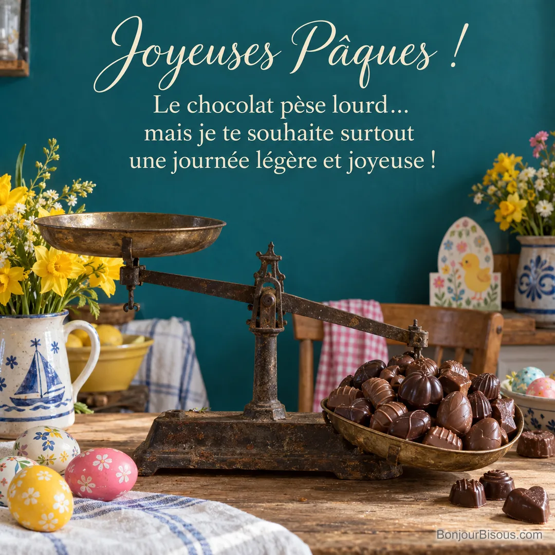 Une balance ancienne penche sous une montagne de chocolats, entre des fleurs et des œufs de Pâques, avec le texte « Joyeuses Pâques ! Le chocolat pèse lourd… mais je te souhaite surtout une journée légère et joyeuse ! ». Une balance ancienne penche sous une montagne de chocolats, entre des fleurs et des œufs de Pâques, avec le texte « Joyeuses Pâques ! Le chocolat pèse lourd… mais je te souhaite surtout une journée légère et joyeuse ! ».