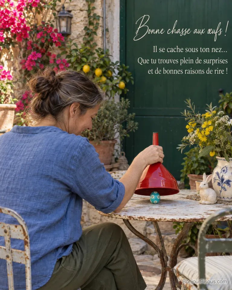 Une femme assise soulève un entonnoir rouge et découvre un œuf turquoise dans une cour fleurie pour Pâques, avec le texte « Bonne chasse aux œufs ! Il se cache sous ton nez… Que tu trouves plein de surprises et de bonnes raisons de rire ! ».