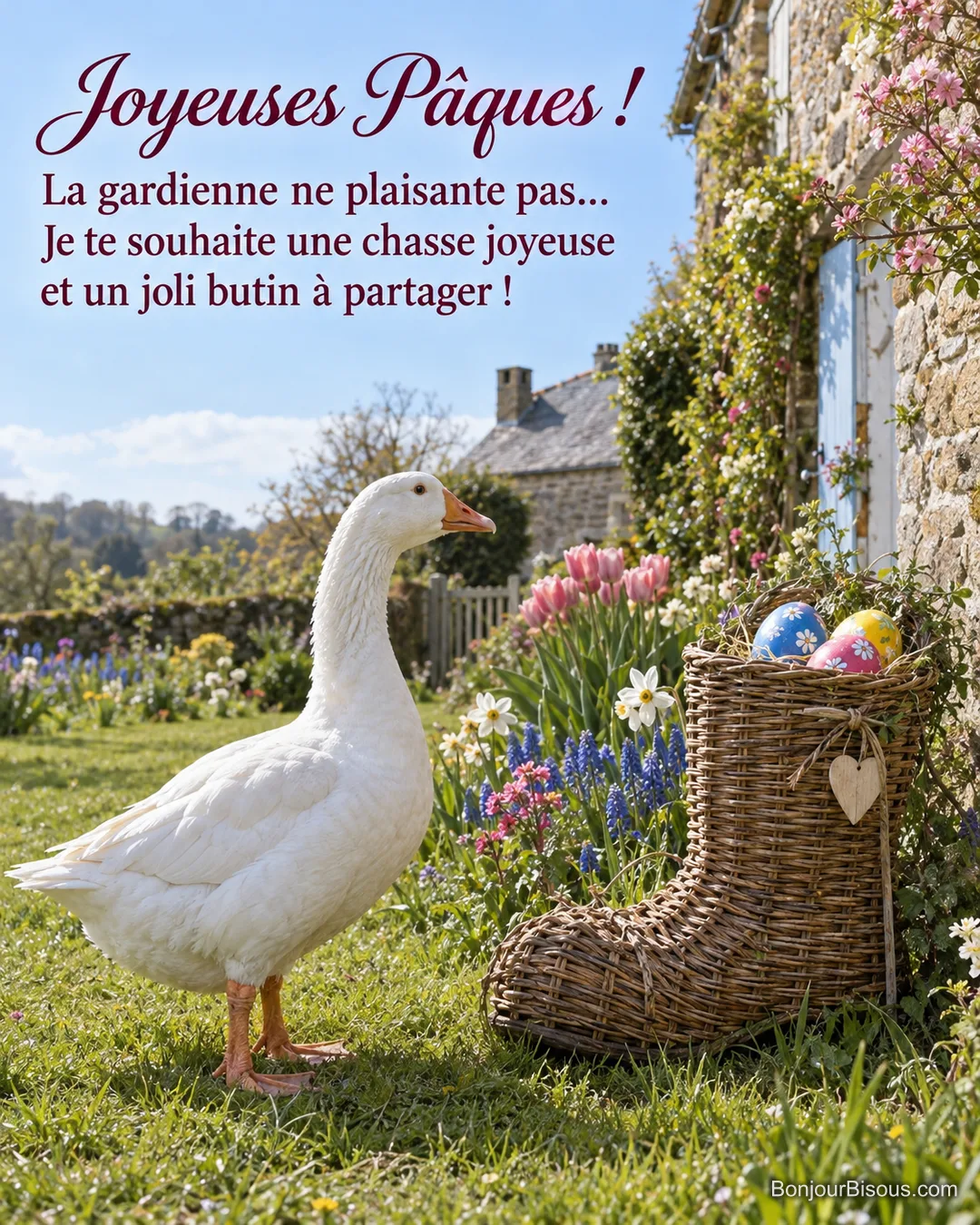 Une oie blanche surveille trois œufs colorés dans une botte décorative en osier au jardin de Pâques, avec le texte « Joyeuses Pâques ! La gardienne ne plaisante pas… Je te souhaite une chasse joyeuse et un joli butin à partager ! ». Une oie blanche surveille trois œufs colorés dans une botte décorative en osier au jardin de Pâques, avec le texte « Joyeuses Pâques ! La gardienne ne plaisante pas… Je te souhaite une chasse joyeuse et un joli butin à partager ! ».