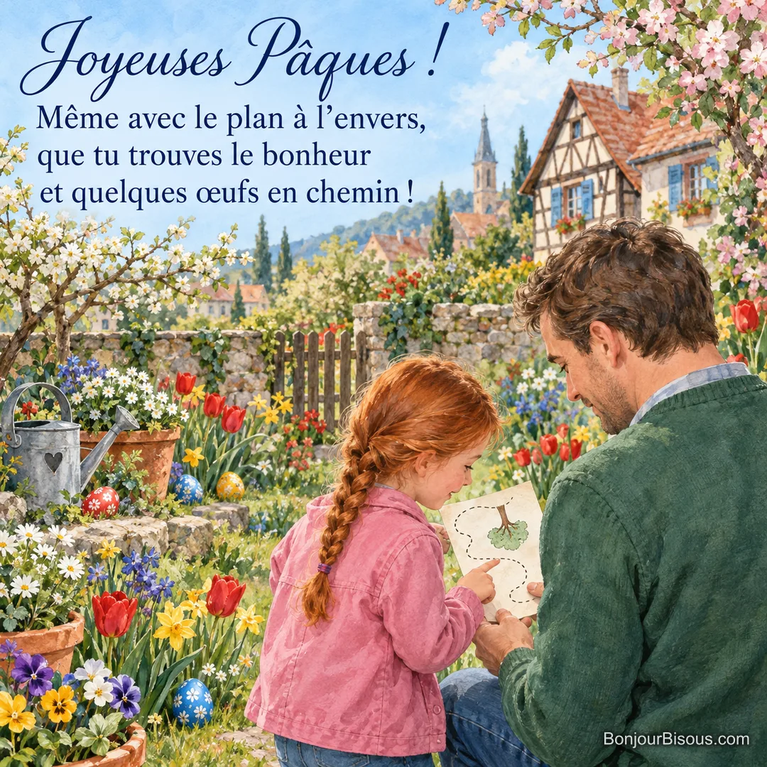 Un père et sa fille consultent à l’envers un plan de chasse aux œufs dans un jardin alsacien en fête, avec le texte « Joyeuses Pâques ! Même avec le plan à l’envers, que tu trouves le bonheur et quelques œufs en chemin ! ». Un père et sa fille consultent à l’envers un plan de chasse aux œufs dans un jardin alsacien en fête, avec le texte « Joyeuses Pâques ! Même avec le plan à l’envers, que tu trouves le bonheur et quelques œufs en chemin ! ».