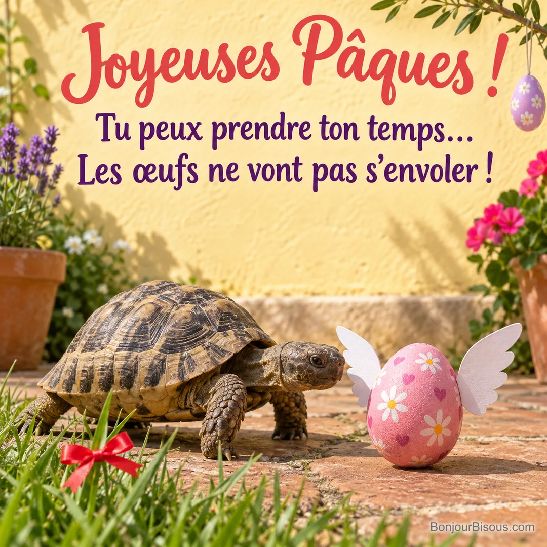 Une petite tortue avance vers un œuf de Pâques décoratif muni d’ailes en papier, avec le texte « Joyeuses Pâques ! Tu peux prendre ton temps… Les œufs ne vont pas s’envoler ! ». Une petite tortue avance vers un œuf de Pâques décoratif muni d’ailes en papier, avec le texte « Joyeuses Pâques ! Tu peux prendre ton temps… Les œufs ne vont pas s’envoler ! ».