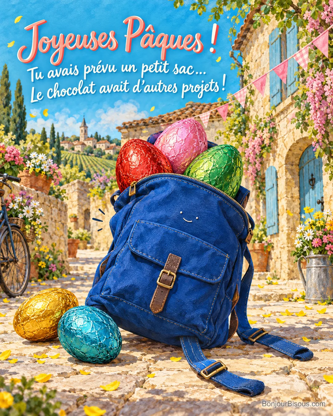 Un sac à dos souriant, trop rempli d’œufs de Pâques, semble avancer sur ses petites bretelles, avec le texte « Joyeuses Pâques ! Tu avais prévu un petit sac… Le chocolat avait d’autres projets ! ». Un sac à dos souriant, trop rempli d’œufs de Pâques, semble avancer sur ses petites bretelles, avec le texte « Joyeuses Pâques ! Tu avais prévu un petit sac… Le chocolat avait d’autres projets ! ».