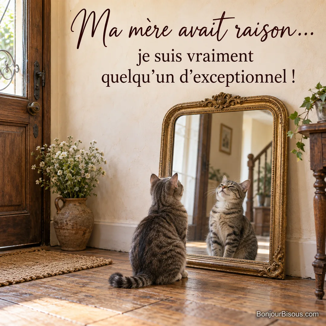 Photo d’un chat tigré assis devant un grand miroir doré dont le reflet lève fièrement le menton, dans une entrée ancienne, avec le texte « Ma mère avait raison… je suis vraiment quelqu’un d’exceptionnel ! » Photo d’un chat tigré assis devant un grand miroir doré dont le reflet lève fièrement le menton, dans une entrée ancienne, avec le texte « Ma mère avait raison… je suis vraiment quelqu’un d’exceptionnel ! »
