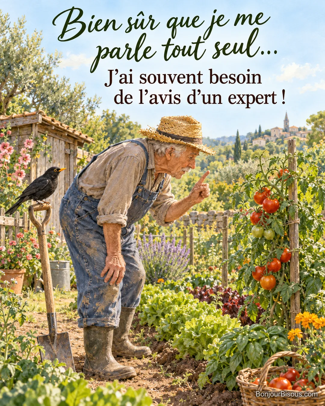 Peinture d’un vieil homme en salopette et chapeau de paille qui parle à un plant de tomates, un merle sur le manche d’une bêche, dans un potager provençal, avec le texte « Bien sûr que je me parle tout seul… J’ai souvent besoin de l’avis d’un expert ! » Peinture d’un vieil homme en salopette et chapeau de paille qui parle à un plant de tomates, un merle sur le manche d’une bêche, dans un potager provençal, avec le texte « Bien sûr que je me parle tout seul… J’ai souvent besoin de l’avis d’un expert ! »