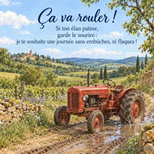 Un petit tracteur rouge s’est arrêté dans une flaque d’un chemin de ferme bourguignon, avec le texte « Ça va rouler ! Si ton élan patine, garde le sourire : je te souhaite une journée sans embûches, ni flaques ! ».