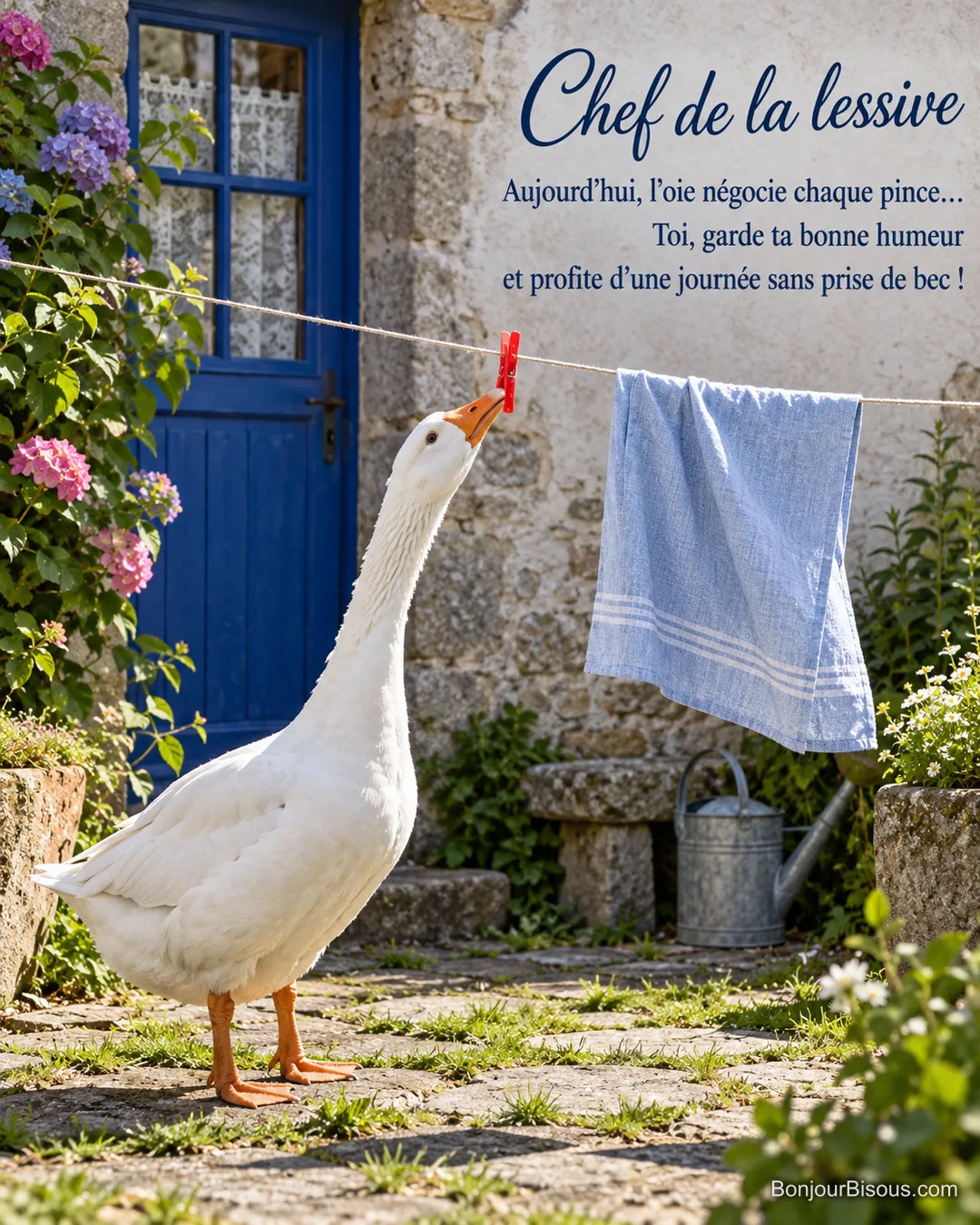 Une oie tend le cou vers une pince rouge suspendue à un fil à linge dans une cour bretonne, avec le texte « Chef de la lessive Aujourd’hui, l’oie négocie chaque pince… Toi, garde ta bonne humeur et profite d’une journée sans prise de bec ! ». Une oie tend le cou vers une pince rouge suspendue à un fil à linge dans une cour bretonne, avec le texte « Chef de la lessive Aujourd’hui, l’oie négocie chaque pince… Toi, garde ta bonne humeur et profite d’une journée sans prise de bec ! ».