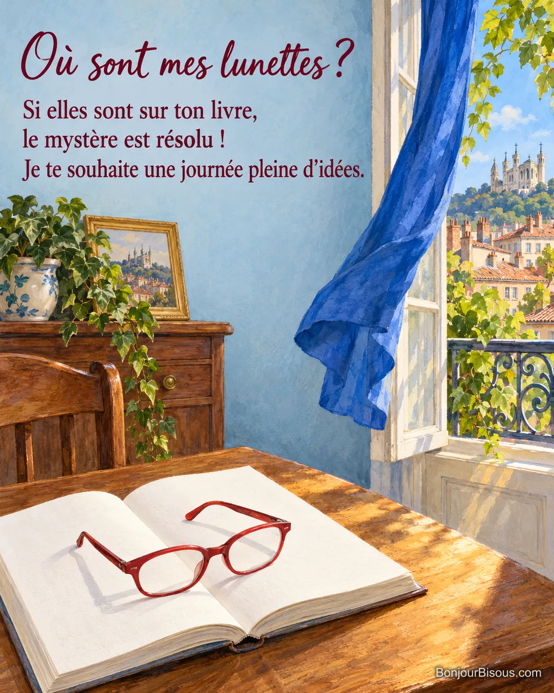 Une paire de lunettes rouges repose sur les pages blanches d’un livre ouvert près d’une fenêtre, avec le texte « Où sont mes lunettes ? Si elles sont sur ton livre, le mystère est résolu ! Je te souhaite une journée pleine d’idées. ». Une paire de lunettes rouges repose sur les pages blanches d’un livre ouvert près d’une fenêtre, avec le texte « Où sont mes lunettes ? Si elles sont sur ton livre, le mystère est résolu ! Je te souhaite une journée pleine d’idées. ».