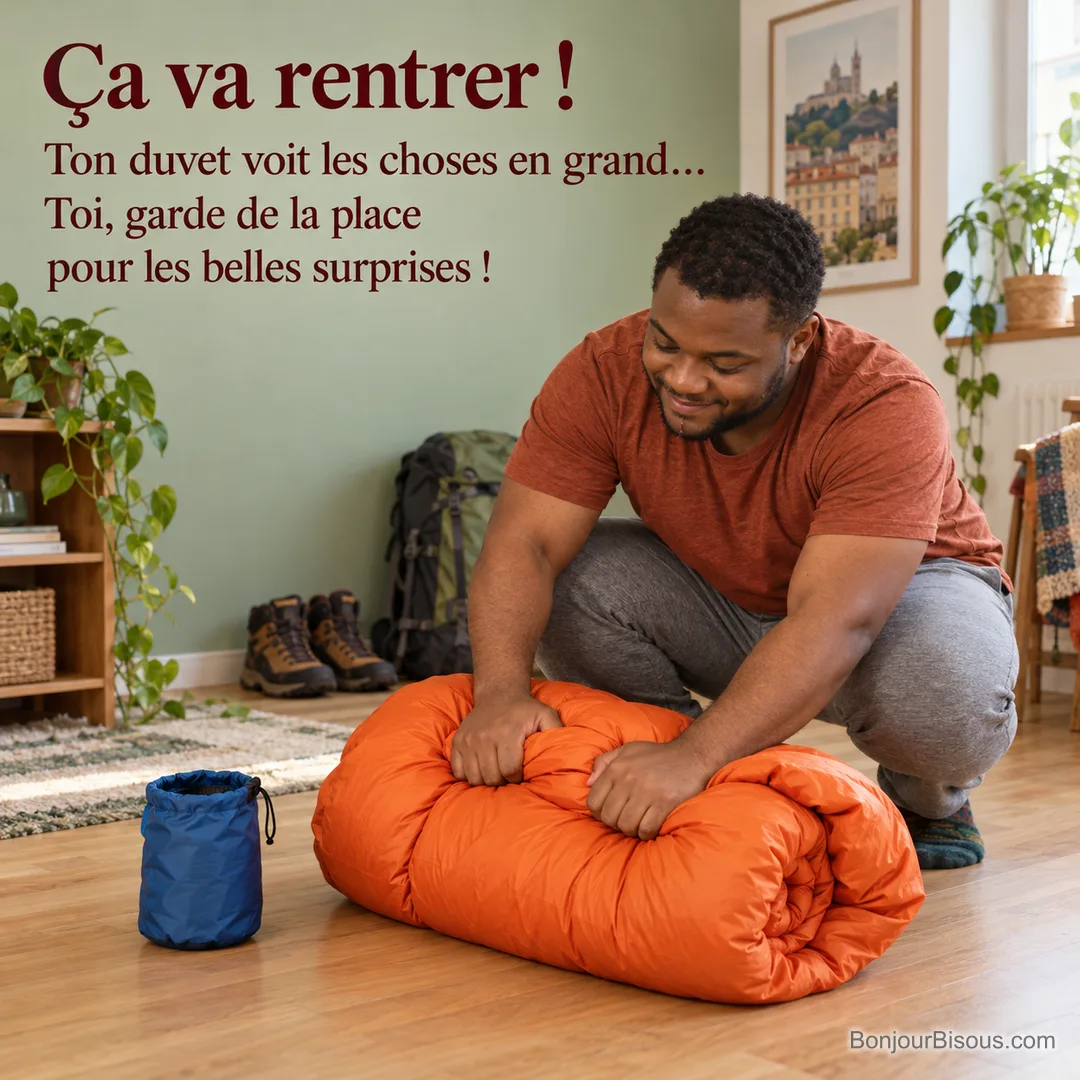 Un homme tente de rouler un gros sac de couchage orange à côté de sa petite housse bleue, avec le texte « Ça va rentrer ! Ton duvet voit les choses en grand… Toi, garde de la place pour les belles surprises ! ». Un homme tente de rouler un gros sac de couchage orange à côté de sa petite housse bleue, avec le texte « Ça va rentrer ! Ton duvet voit les choses en grand… Toi, garde de la place pour les belles surprises ! ».